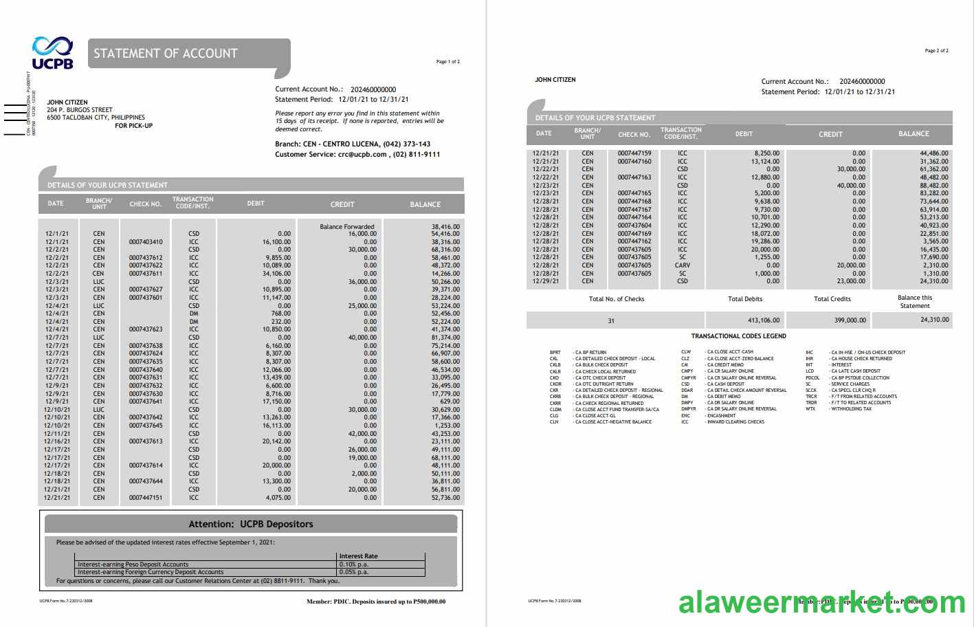 Philippines UCPB bank statement of account template in Word and PDF format